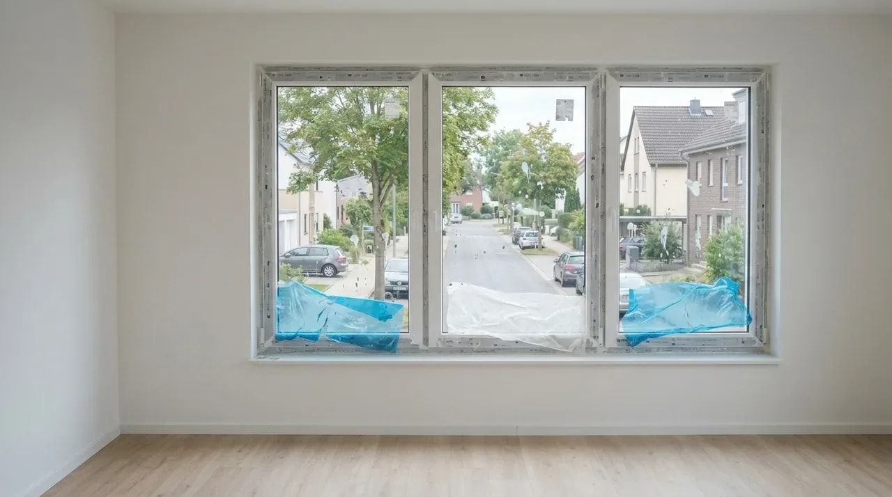 Fenster mit Schutzfolie und Bauspritzern vor der Reinigung