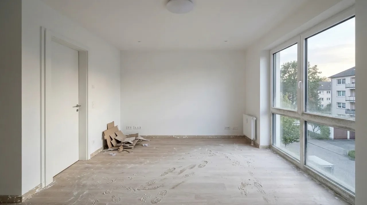 Neubauzimmer mit Baustaub vor der Endreinigung